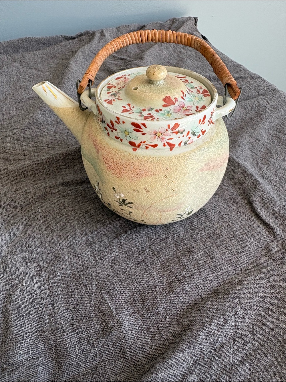 Hand-Painted Floral Ceramic Teapot in Cream and Pink